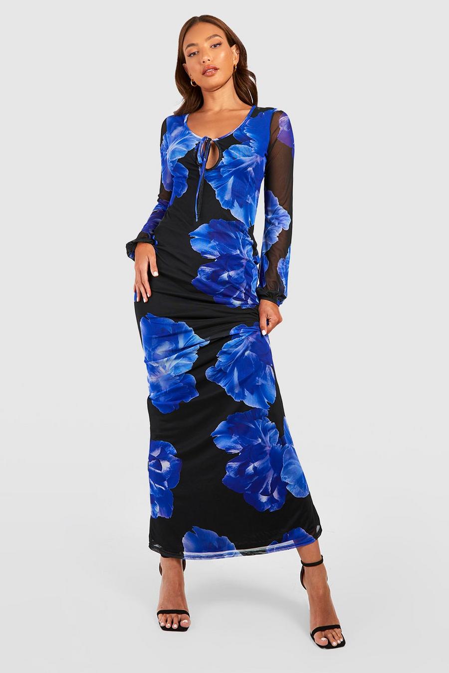 Black Tall Oversized Floral Keyhole Longsleeve Maxi Dress image number 1