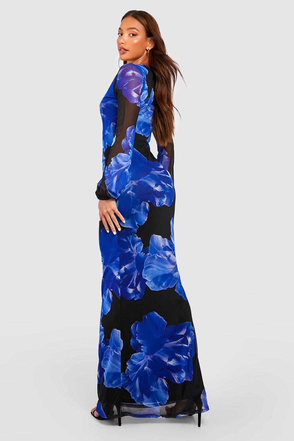 Long sleeve blue 2024 floral maxi dress