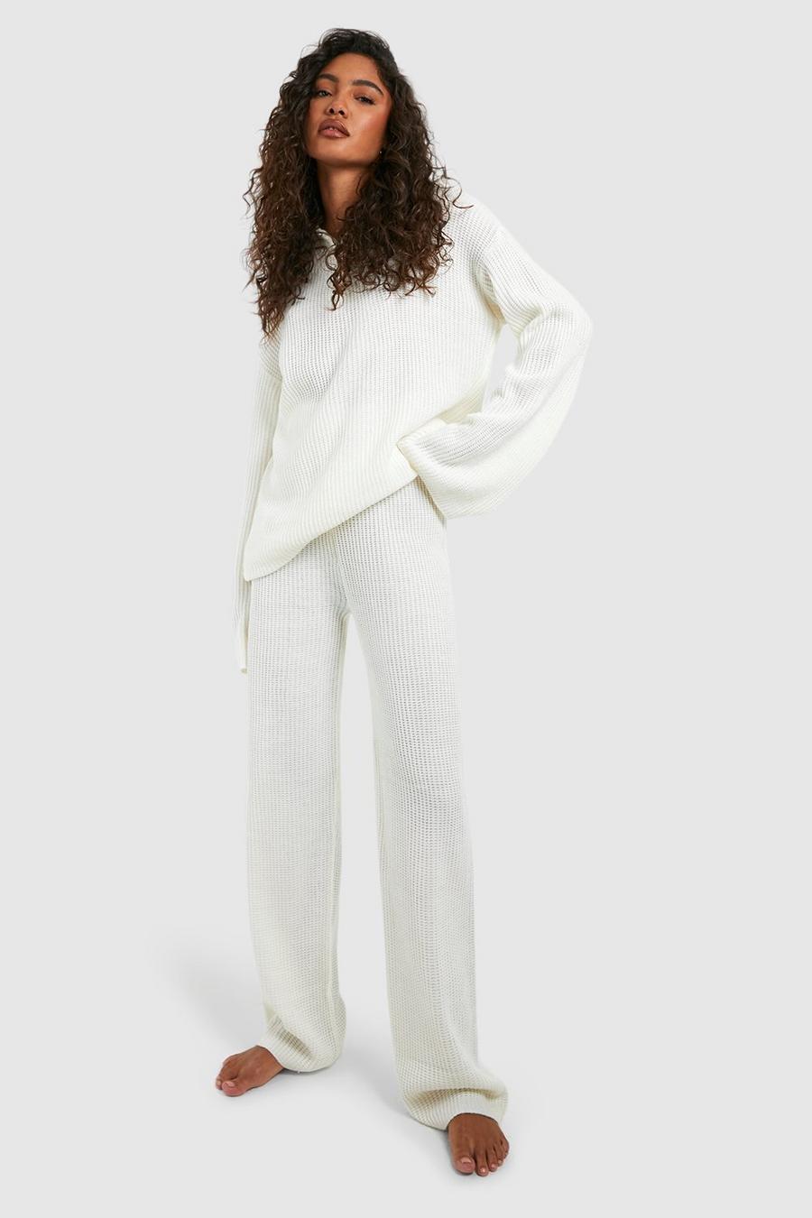 Ivory Tall Knitted Zip Funnel Neck Wide Leg Lounge Set image number 1