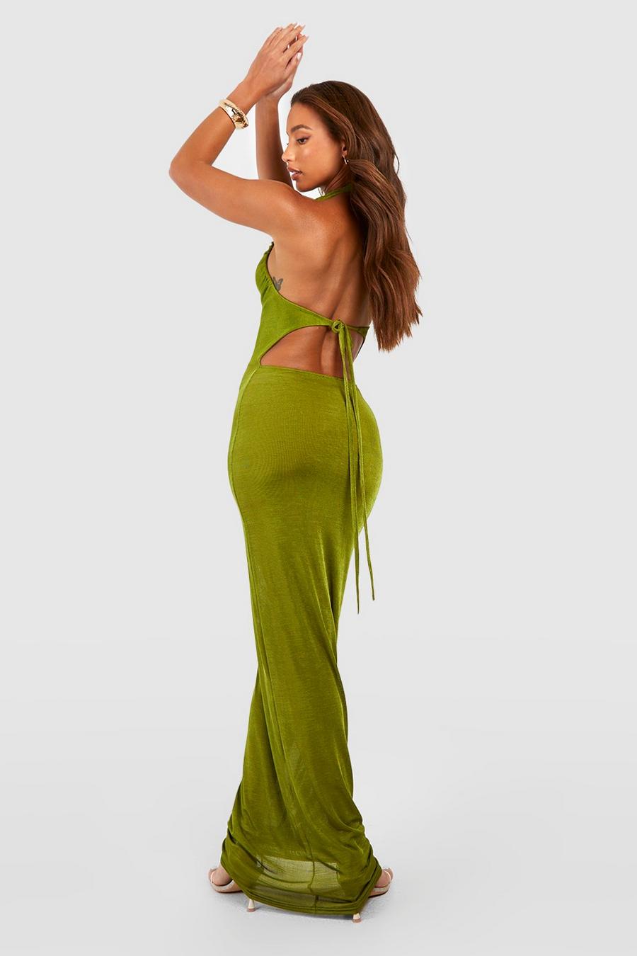 Olive Tall Halter Gathered Slinky Backless Maxi Dress image number 1