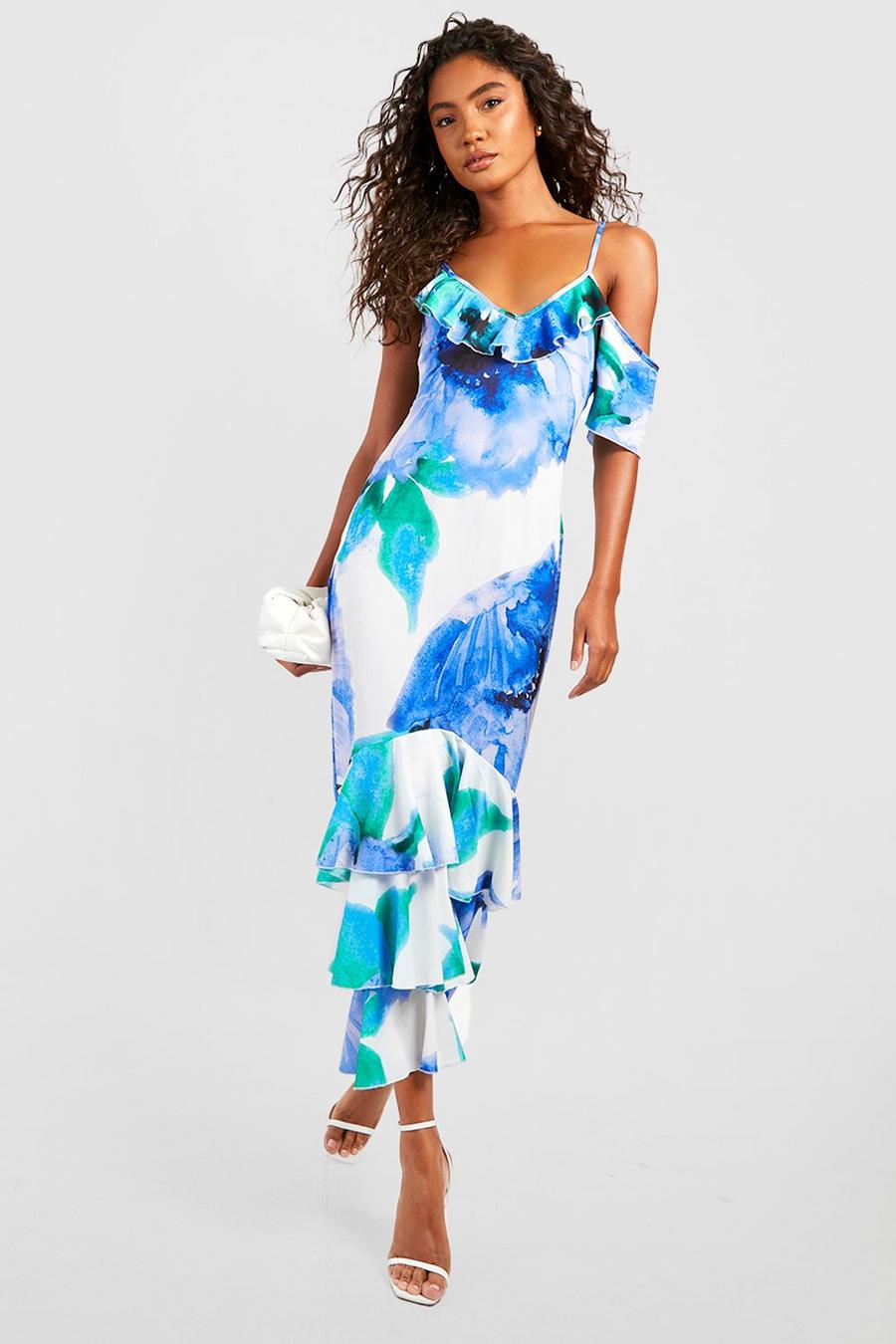 Blue Tall Floral Ruffle Asymmetric Cold Shoulder Midaxi Dress