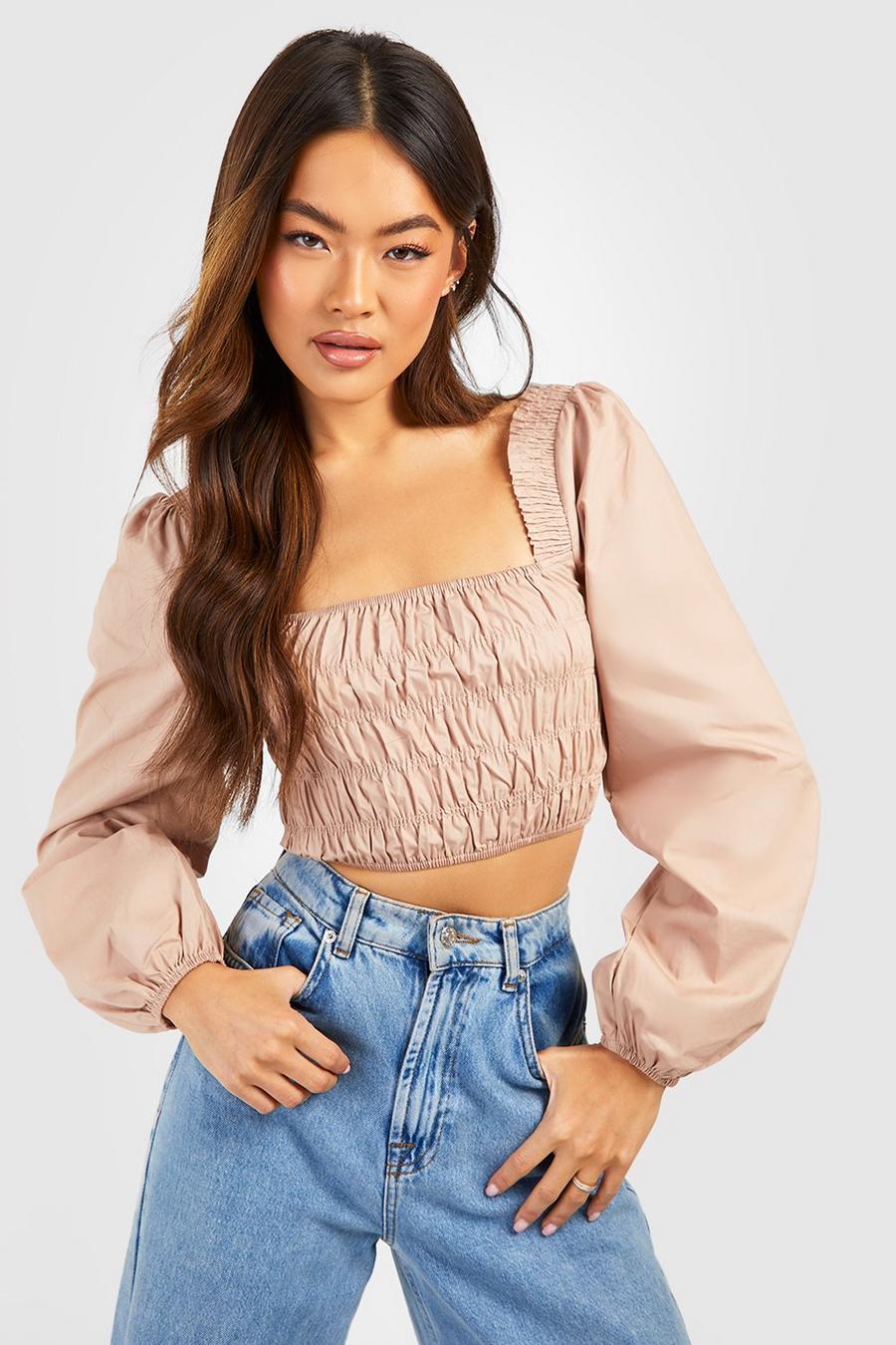 Taupe Woven Ruched Balloon Sleeve Crop Top