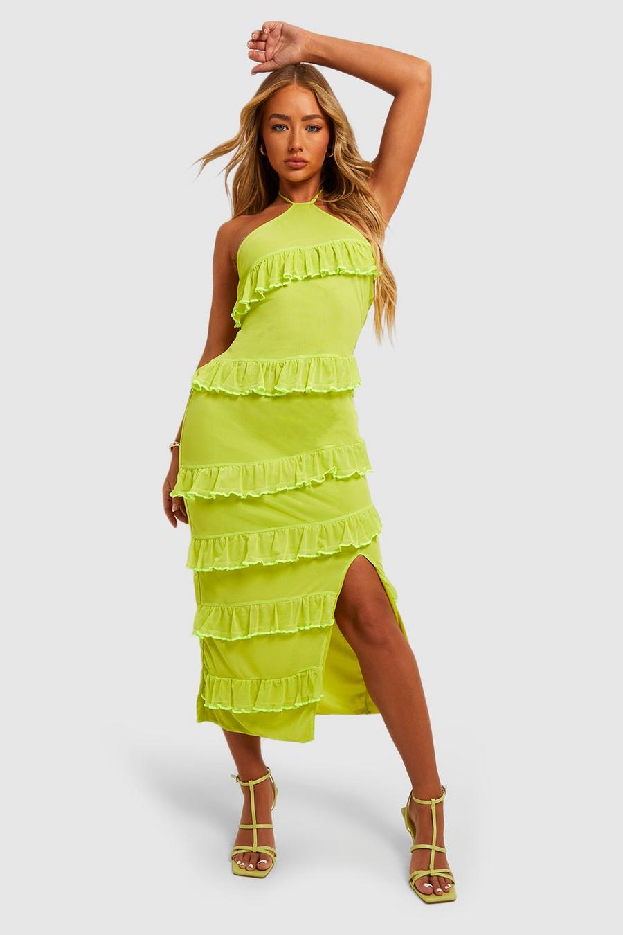 Lime Halterneck Ruffle Midaxi Dress
