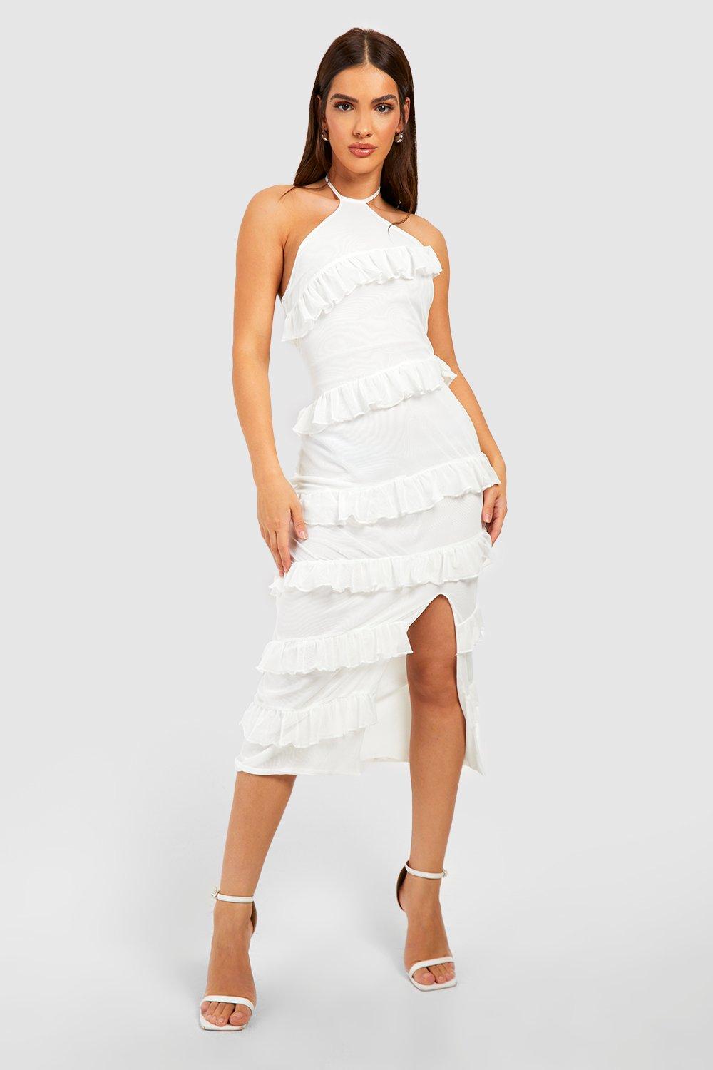 Jackie Wide Ruffle Hem Pinafore Midi Dress White  White midi dress, Mid  length dresses, White dress