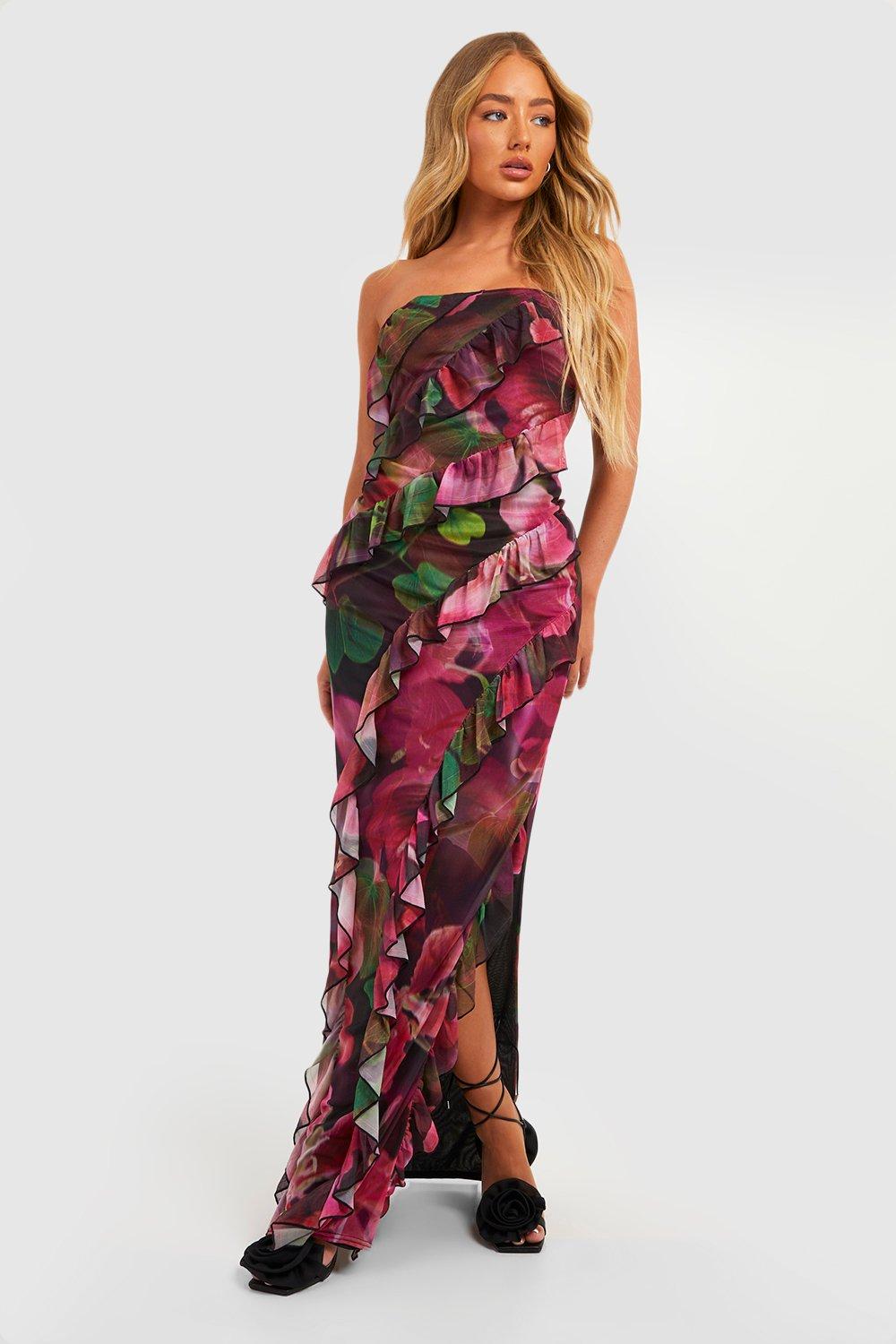 Floral Bandeau Ruffle Split Maxi Dress