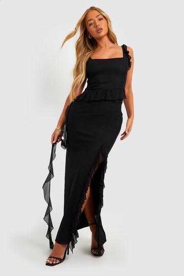 Black Strappy Ruffle Split Maxi Dress