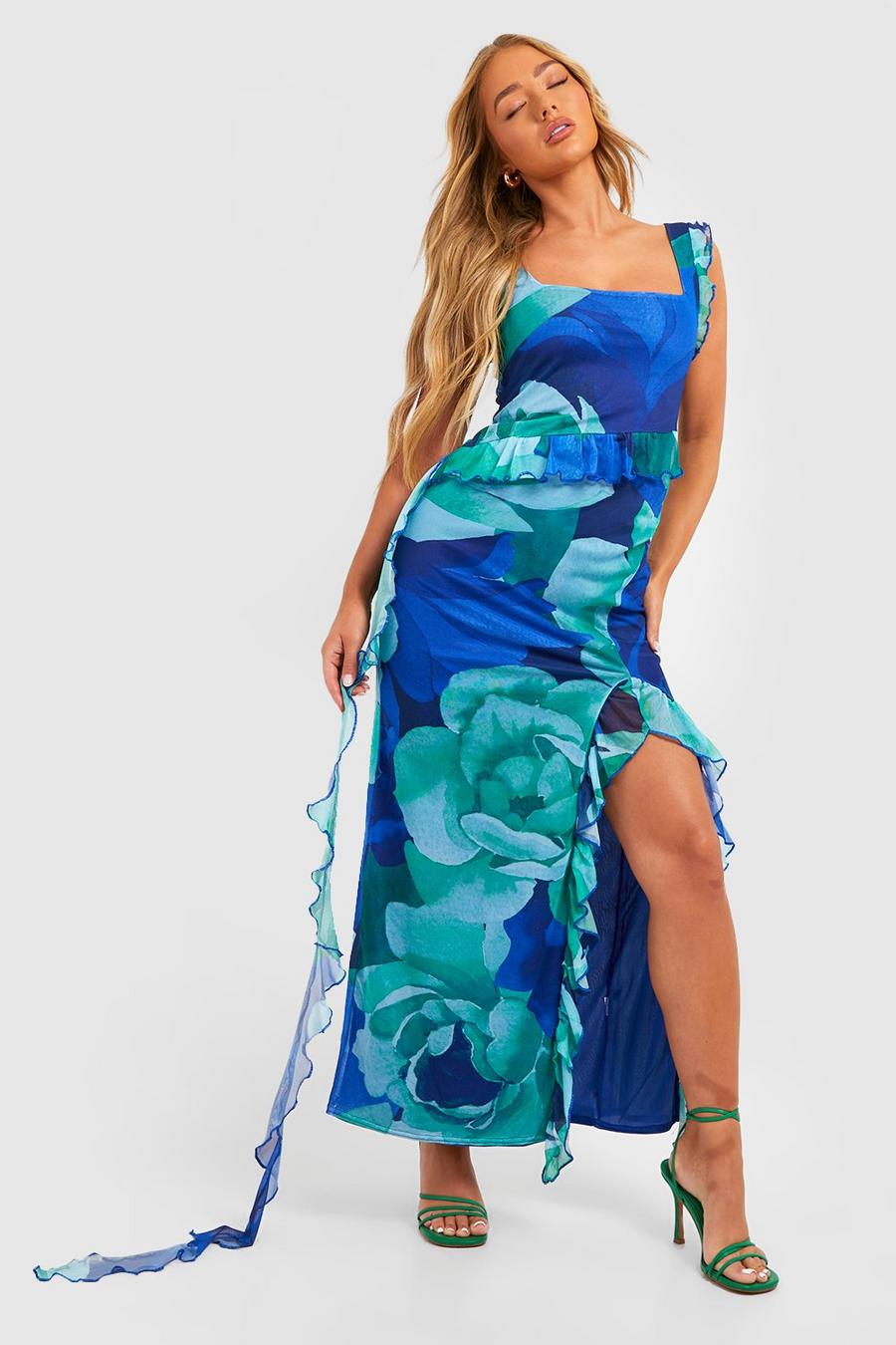 Blue Floral Strappy Ruffle Split Maxi Dress