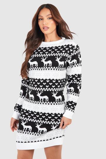 Black Tall Hearts And Reindeer Fairisle Christmas Jumper Dress