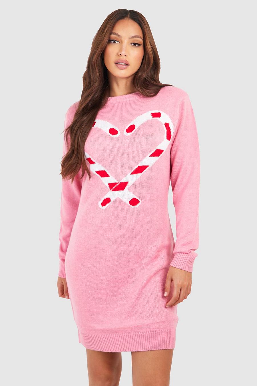 Pink Tall Candy Cane Christmas Sweater Dress image number 1