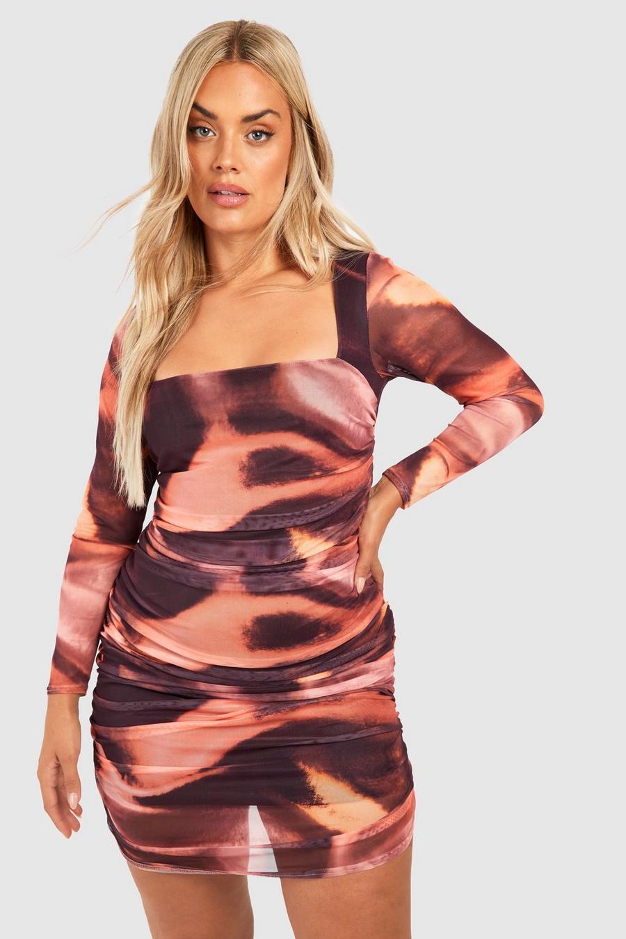 Plus Mesh Bodycon-Kleid mit Marmor-Print, Khaki image number 1