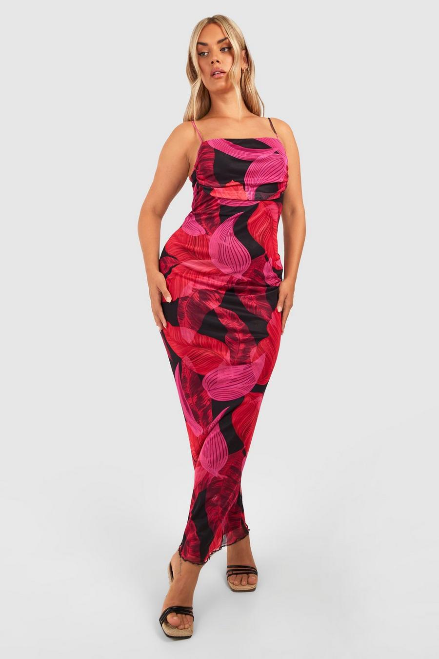 Vestito maxi pull-on Plus Size in rete con stampa a fiori, Pink image number 1