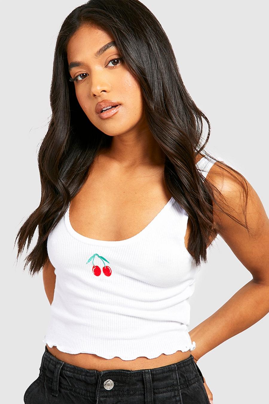 White Petite Cherry Embroidery Cropped Tank Top image number 1