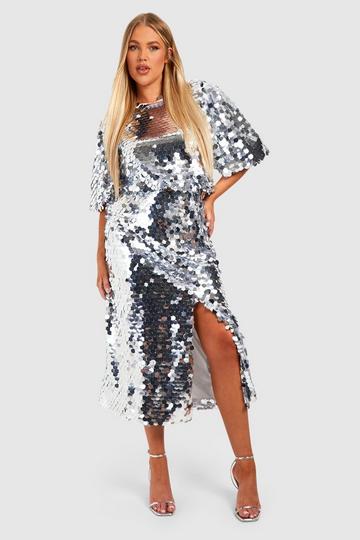 Plus Disc Sequin Blouson Midi Dress silver