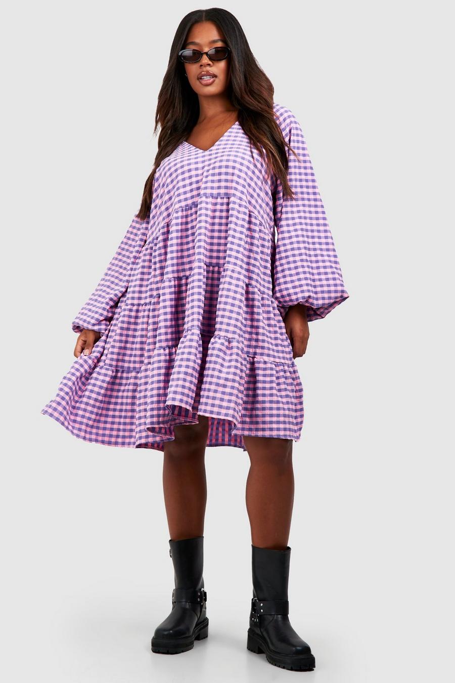 Plus Crinkle Tiered Check Smock Dress image number 1