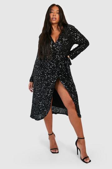 Black Plus Sequin Tie Belt Wrap Midi Dress