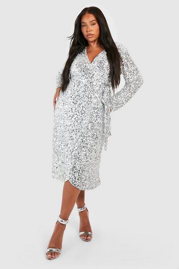 Silver Plus Sequin Tie Belt Wrap Midi Dress