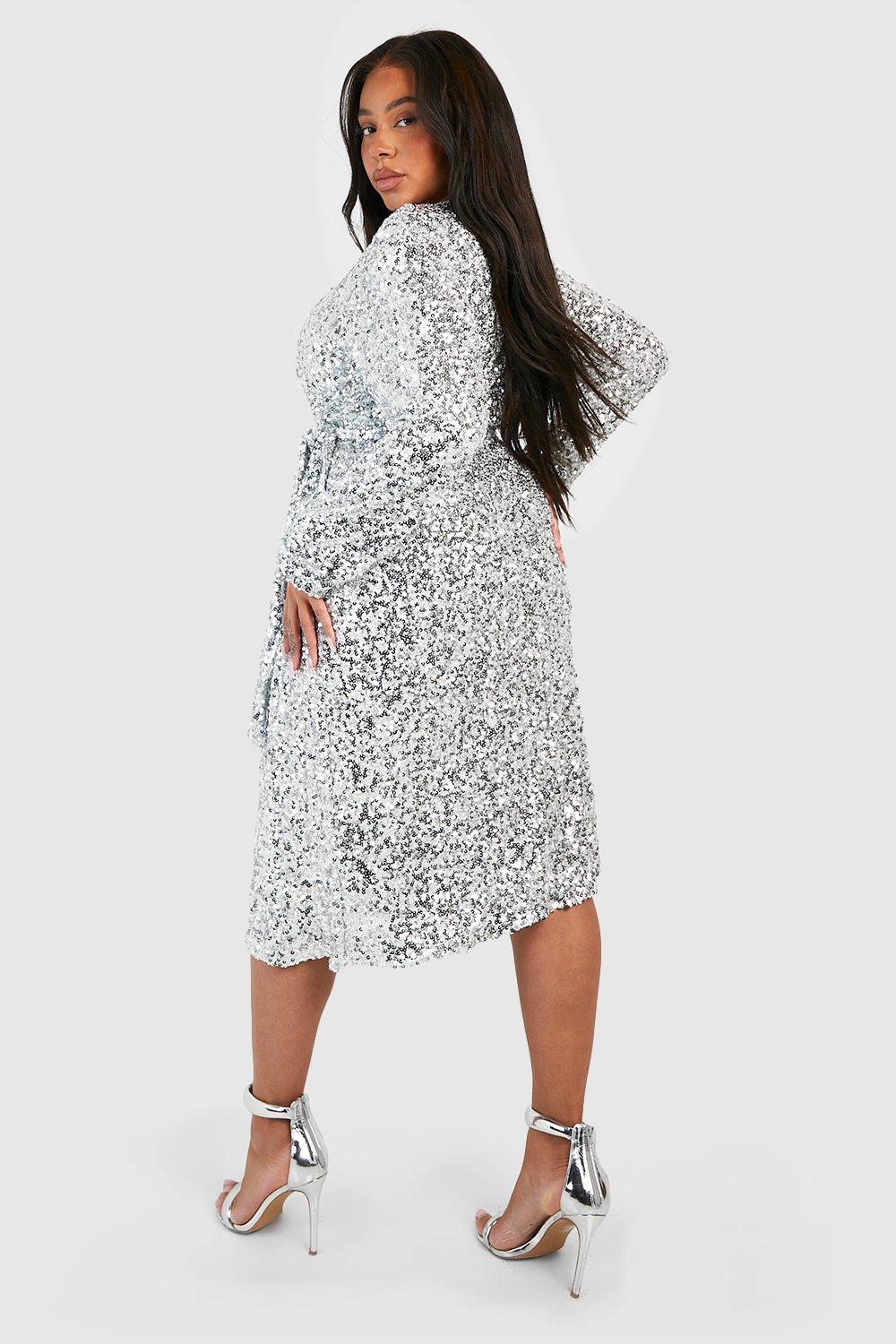 Boohoo plus metallic spot wrap best sale midi dress