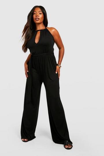 Plus Jersey Knit Key Hole Belted Jumpsuit black