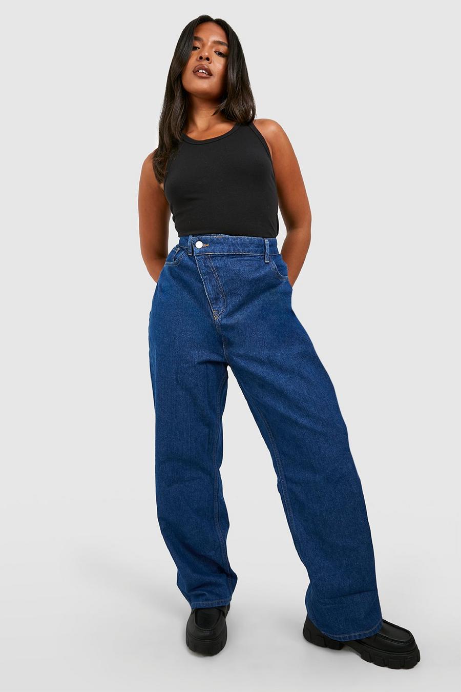 Jeans dritti Plus Size a vita alta con incrocio in vita acido, Indigo azul