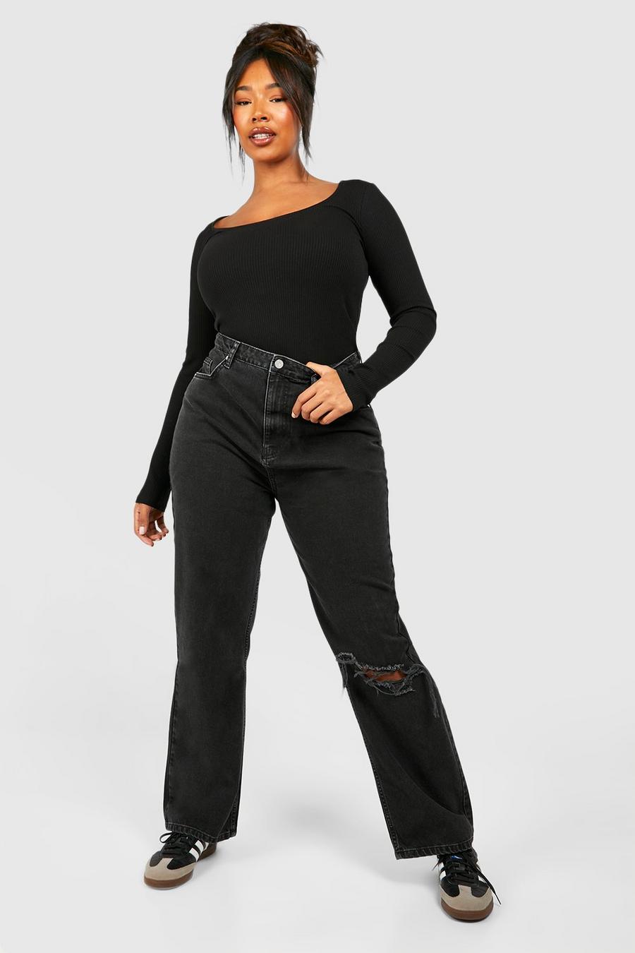 Jeans dritti Plus Size in lavaggio chiaro con strappi sul ginocchio, Washed black