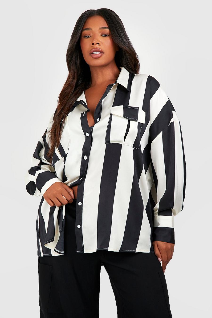 Black Plus Striped Satin Fitted Shoulder Pad Shirt image number 1