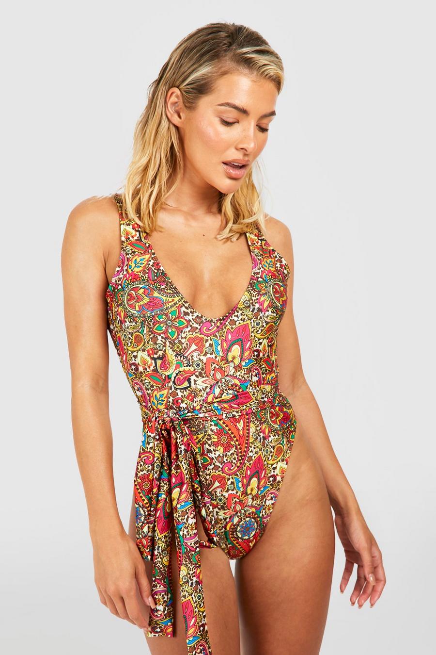 Leopard Paisley Tie Waist Belted Swimsuit image number 1