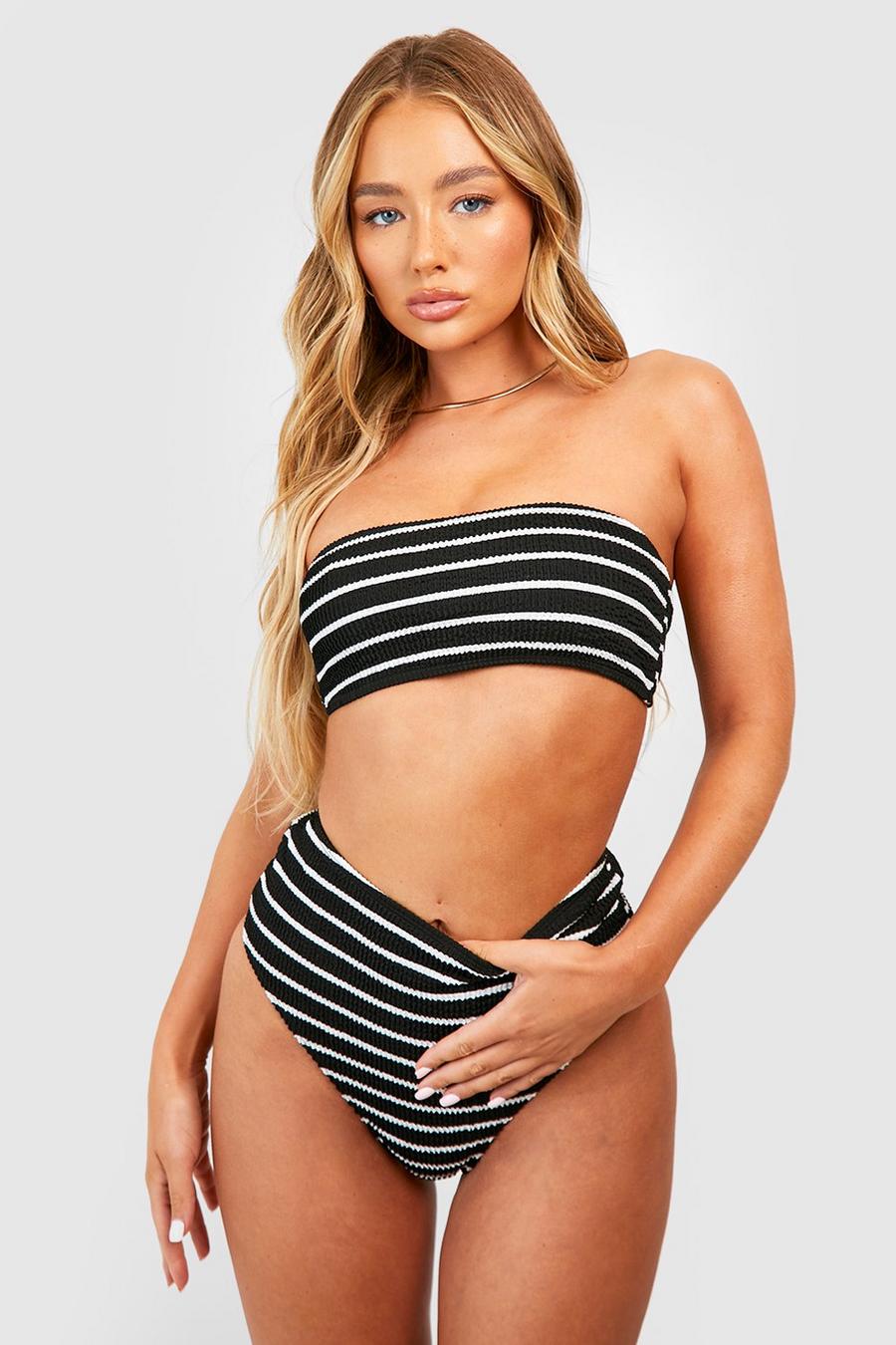 Black Stripe Crinkle Bandeau Bikini Top image number 1