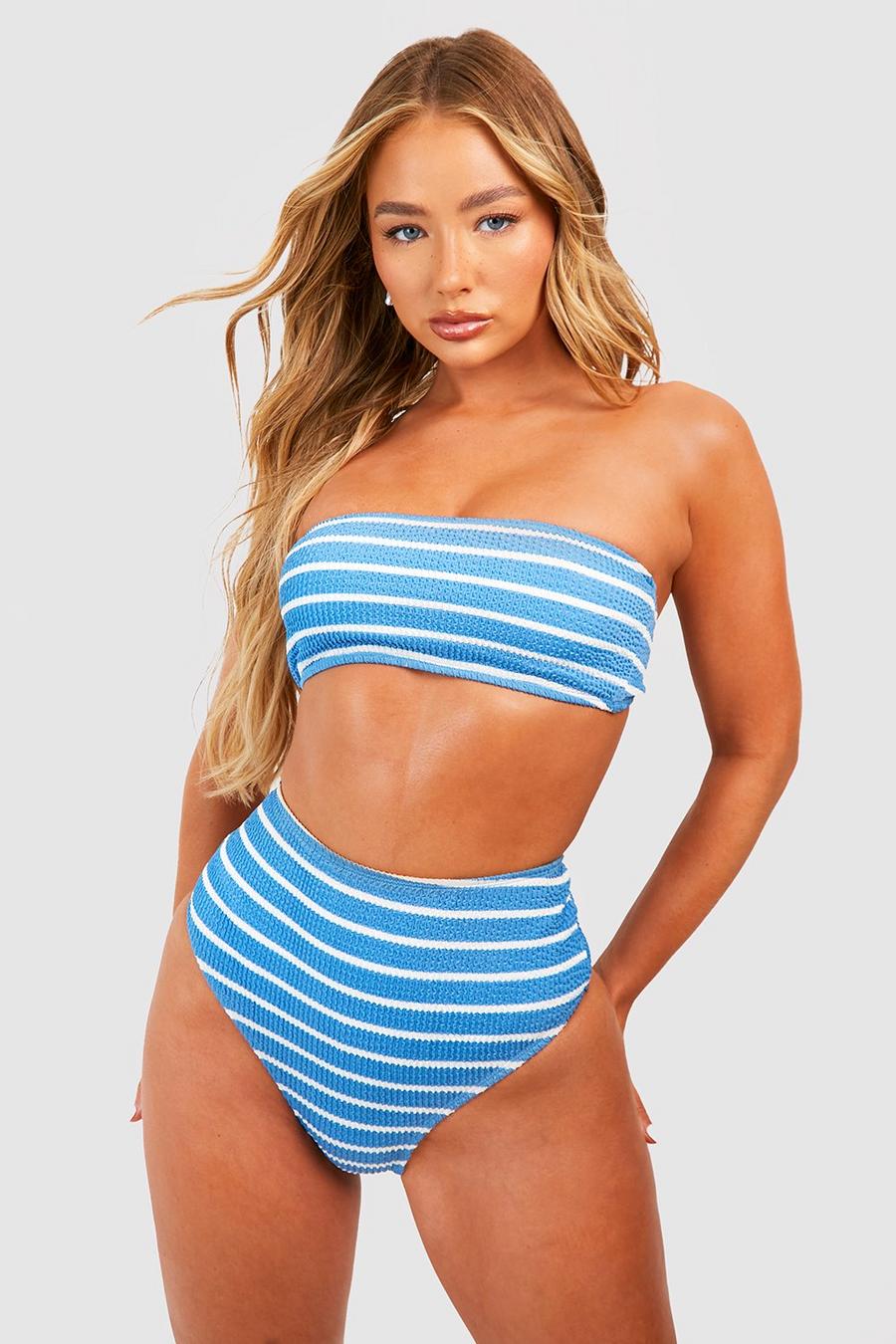 Blue Stripe Crinkle High Waisted Bikini Brief image number 1
