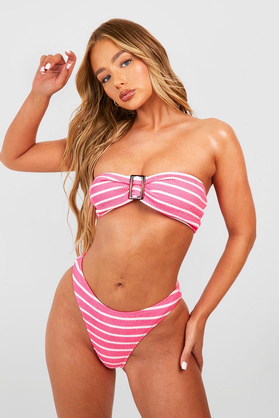 Bright pink Stripe Crinkle Buckle Bandeau Bikini Set image number 1