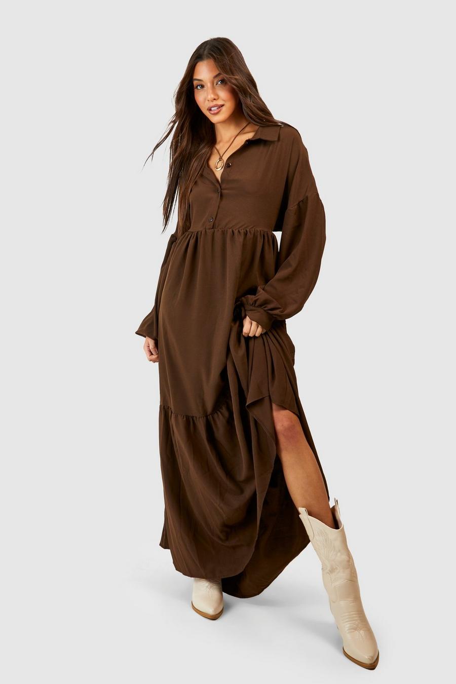 Chocolate Oversized Tiered Maxi Shirt Dress image number 1