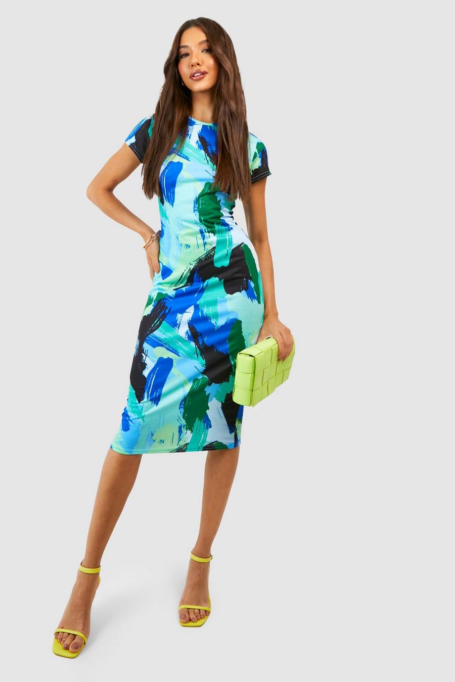 Blue Abstract Cap Sleeve Bodycon Midi Dress image number 1