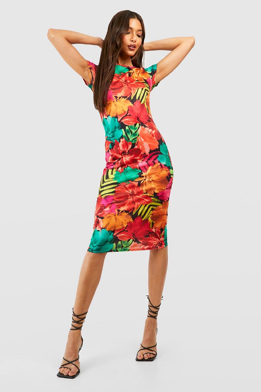 Black Abstract Floral Cap Sleeve Bodycon Midi Dress  image number 1