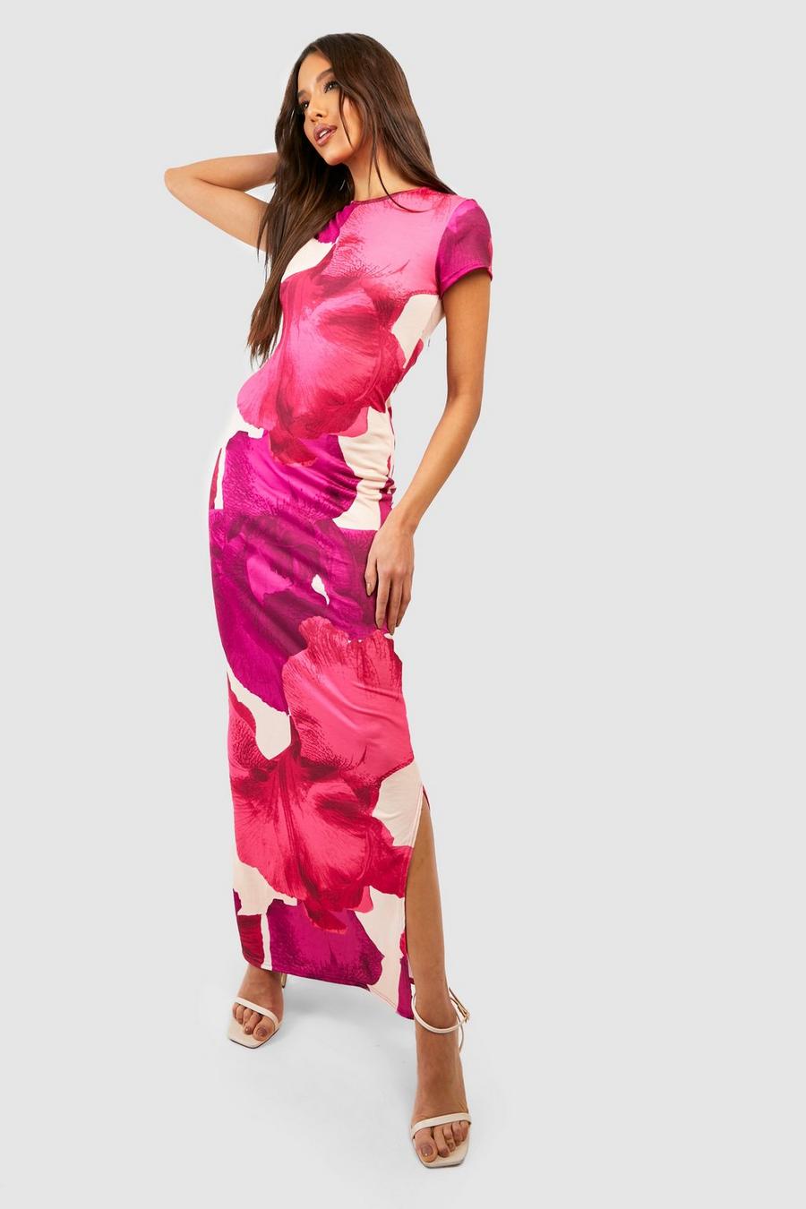 Pink rosa Abstract Floral Cap Sleeve Maxi Dress