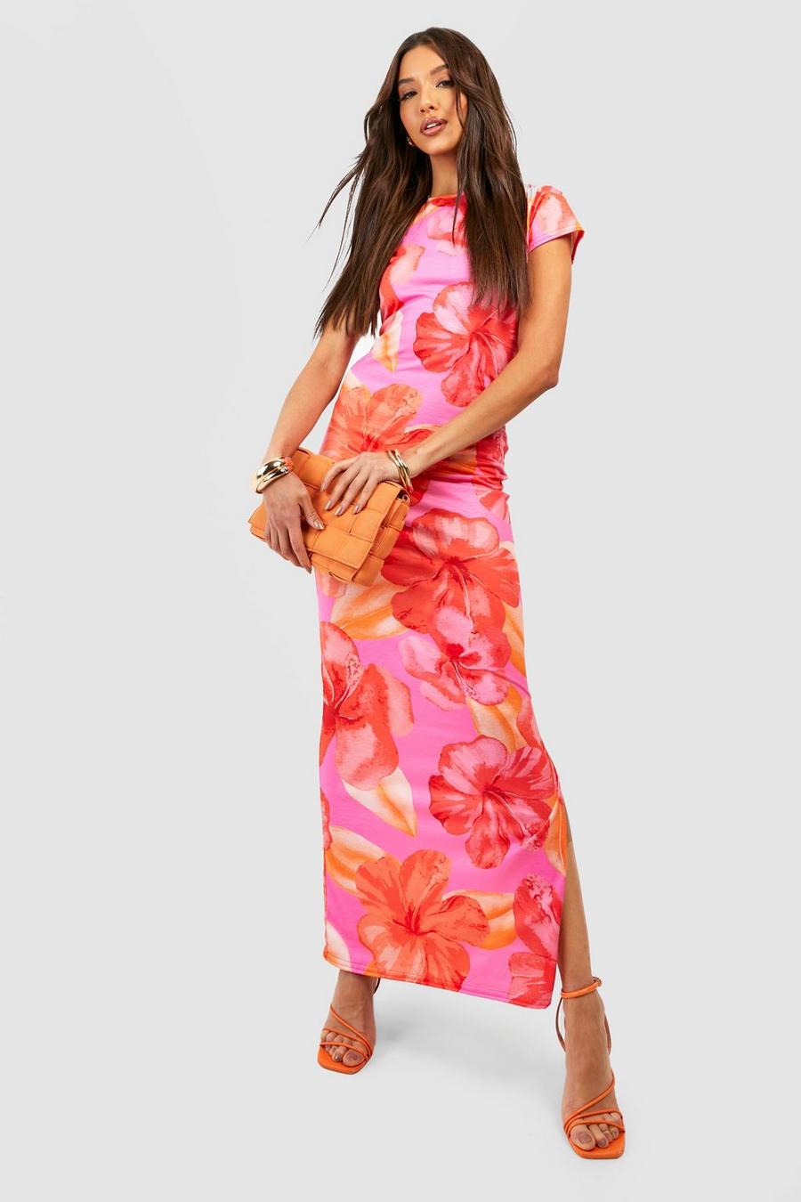 Pink Floral Cap Sleeve Maxi Dress