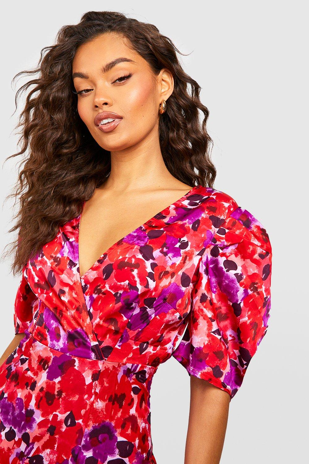 Floral Puff Sleeve Hi Low Hem Midi Dress