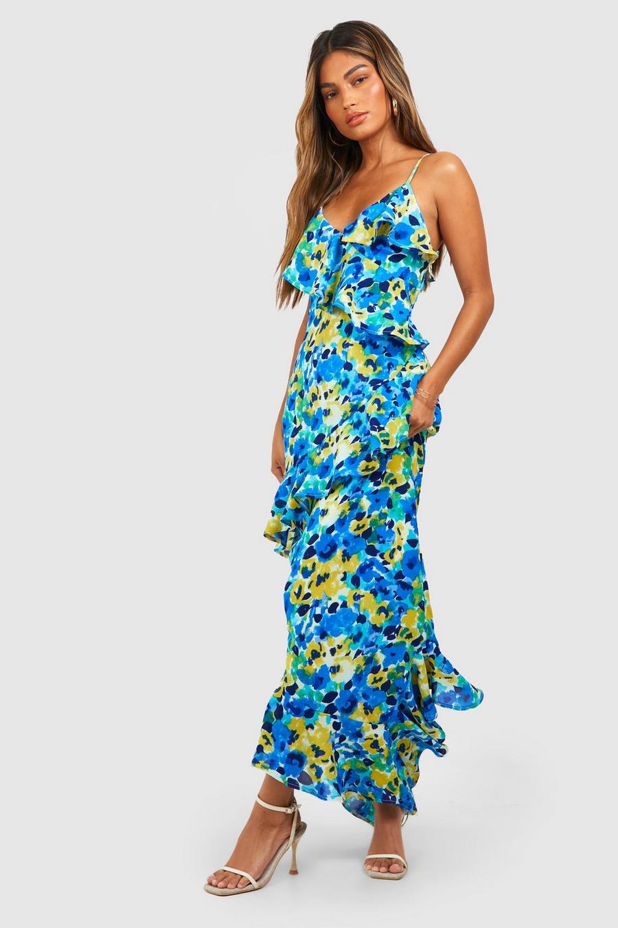 Blue Floral Woven Ruffle Maxi Dress image number 1