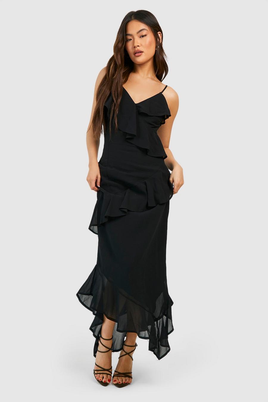 Gewebtes Rüschen-Maxikleid, Black