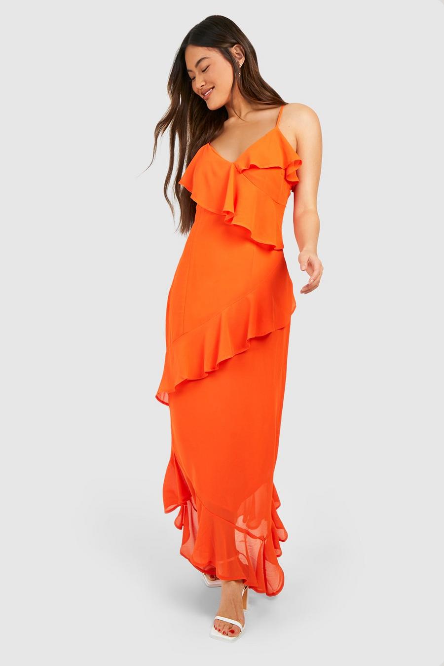 Vestido maxi de tela con volante, Orange image number 1