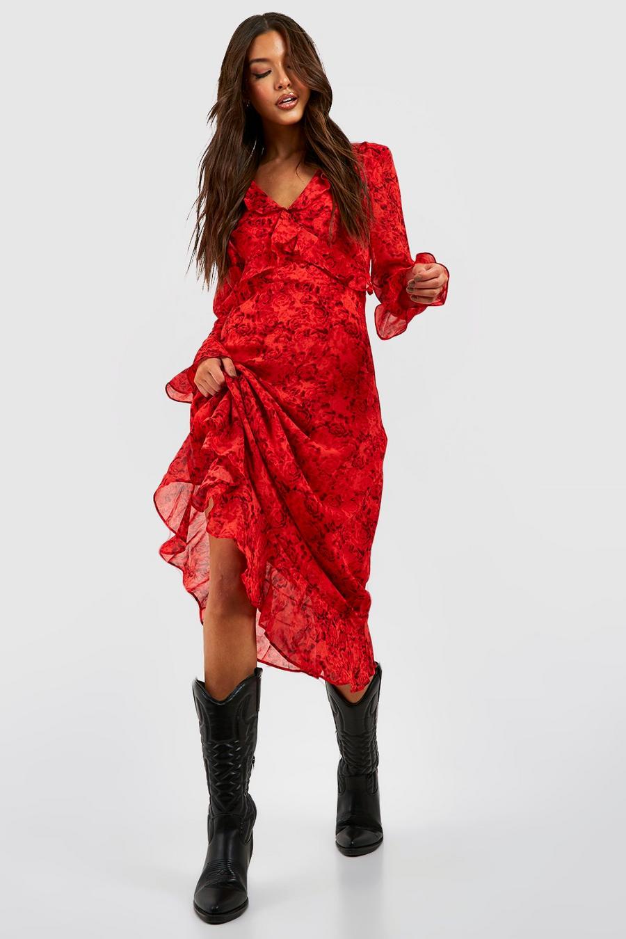 Red Chiffon Printed Smock Dress