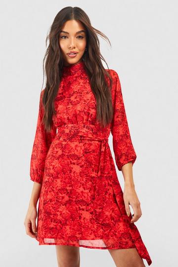 Red Chiffon Printed Skater Dress