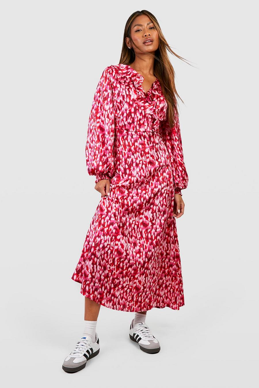 Pink Abstract Print Ruffle Flounce Midi Dress image number 1