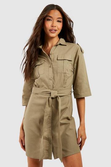 Utility Pocket Cotton Shirt Dress khaki