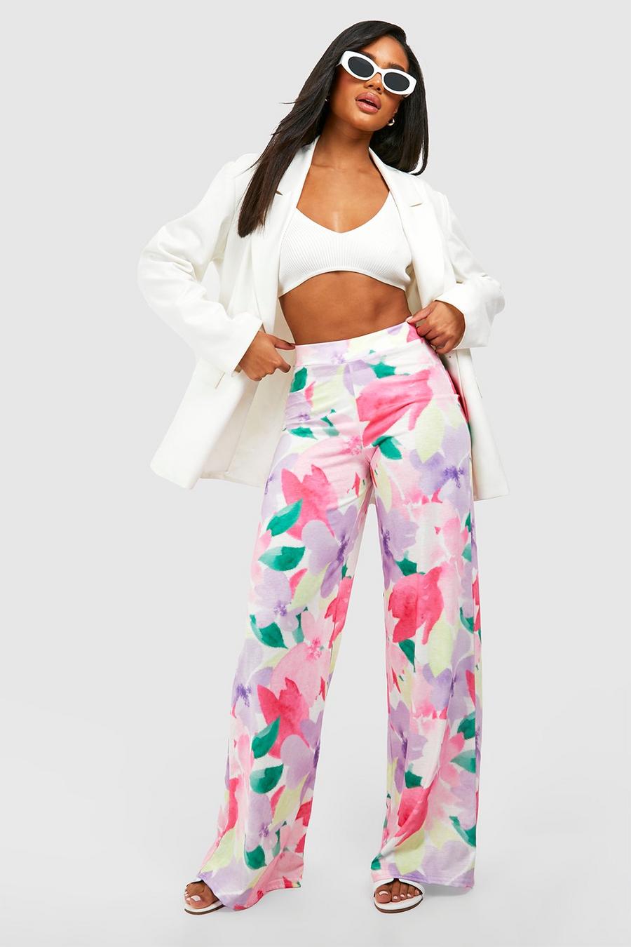 Lilac Floral Printed Wide Leg Trousers image number 1