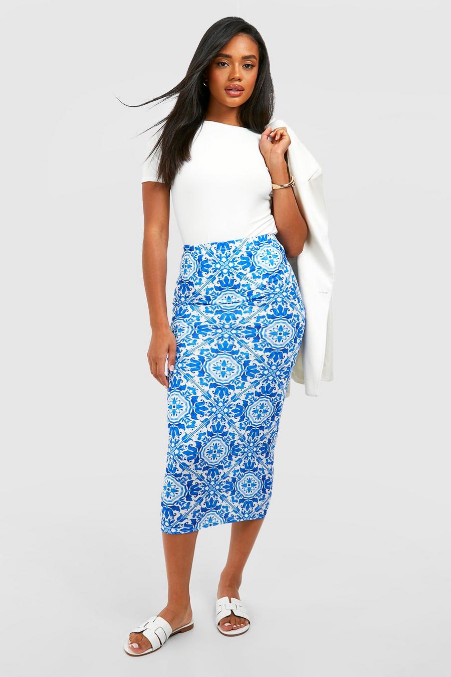 Blue Tile Printed Midaxi Skirt