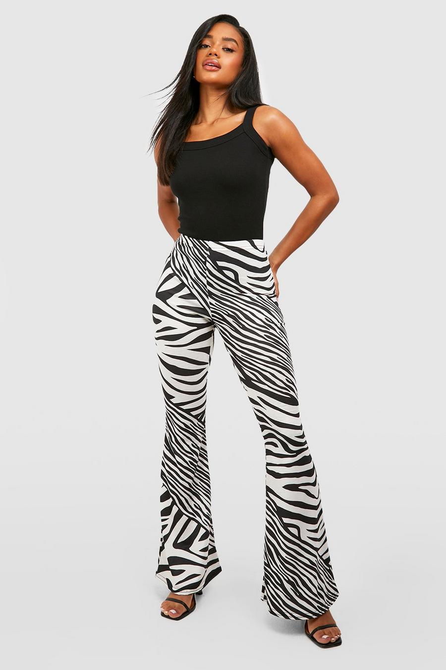 Ecru Multi Zebra Printed Flared Trousers