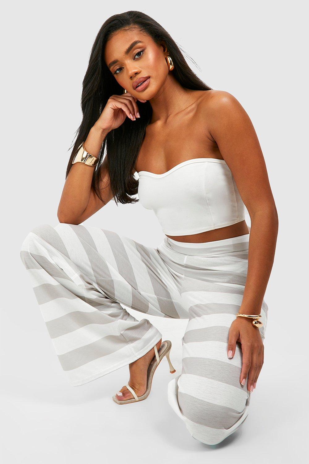 Stripe Printed Wide Leg Trousers boohoo