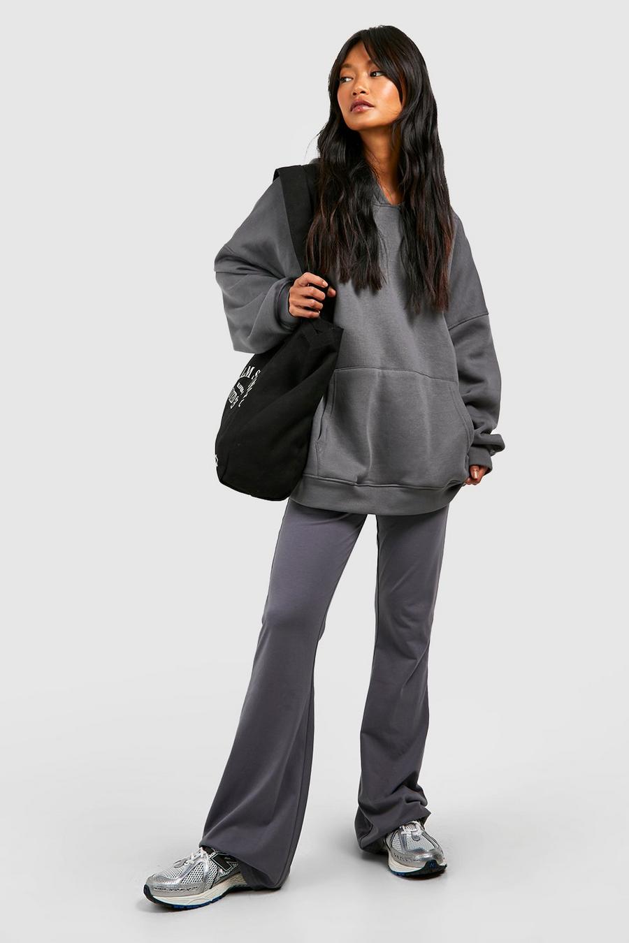 Charcoal gris Cotton Jersey High Waisted Puddle Hem Flares