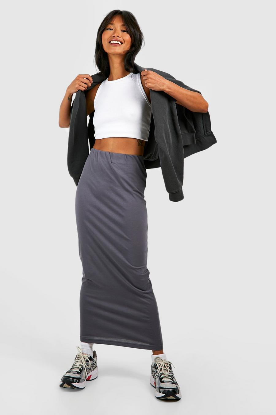 Jupe mi-longue taille haute en coton, Charcoal image number 1