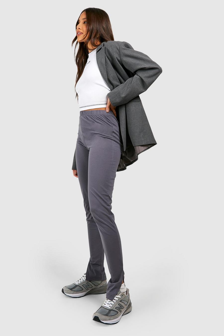 Charcoal Cotton Jersey High Waisted Split Hem Leggings