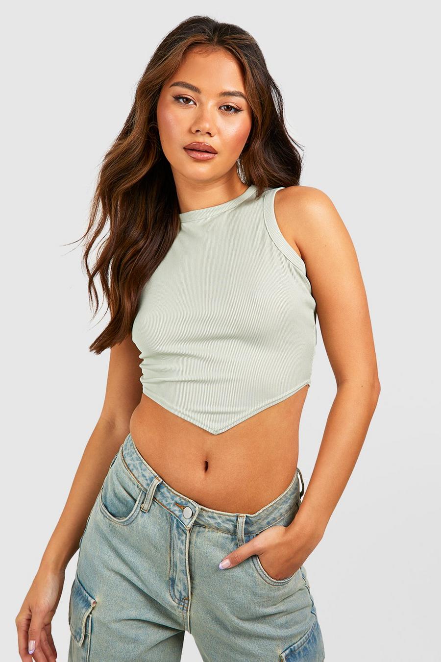 Crop top a coste con fondo a V, Mint image number 1